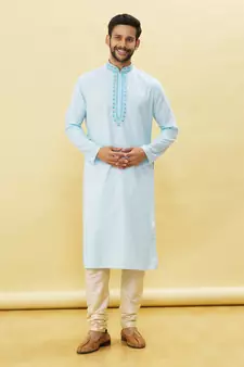 Blue embroidered art silk kurta-pajama