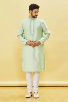 Green embroidered art silk kurta-pajama