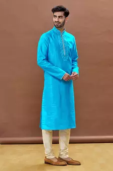Blue embroidered art silk kurta-pajama