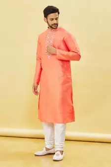 Pink embroidered art silk kurta-pajama