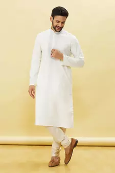 White embroidered art silk kurta-pajama