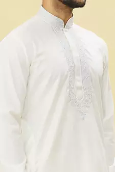 White embroidered art silk kurta-pajama