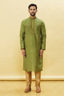 Green embroidered art silk kurta-pajama