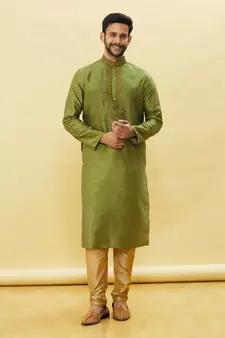 Green embroidered art silk kurta-pajama