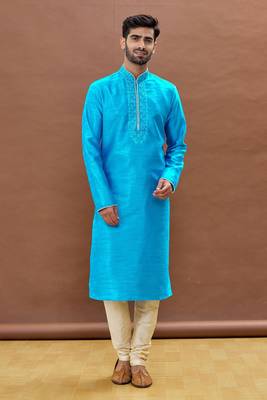 Blue embroidered art silk kurta-pajama 5