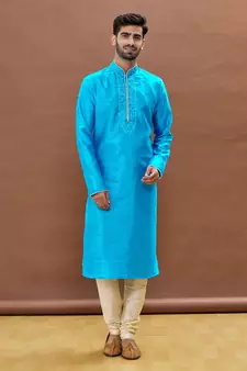Blue embroidered art silk kurta-pajama