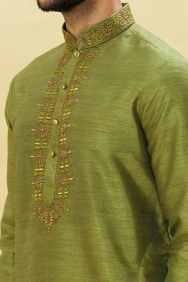 Green embroidered art silk kurta-pajama 3