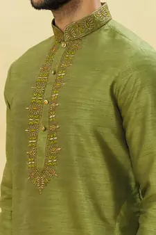 Green embroidered art silk kurta-pajama