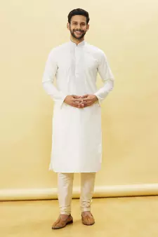 White embroidered art silk kurta-pajama