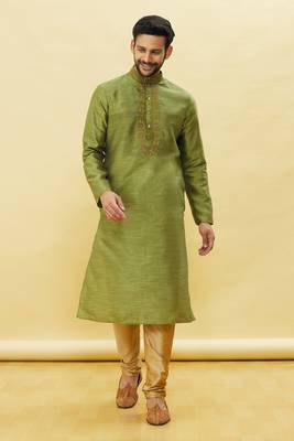 Green embroidered art silk kurta-pajama 5