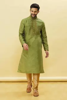 Green embroidered art silk kurta-pajama