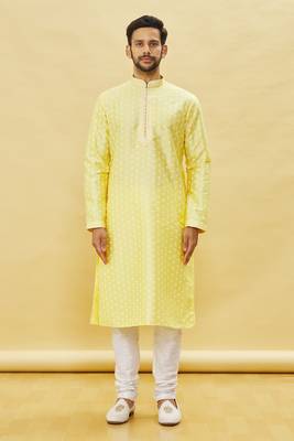Yellow printed art silk kurta-pajama 1