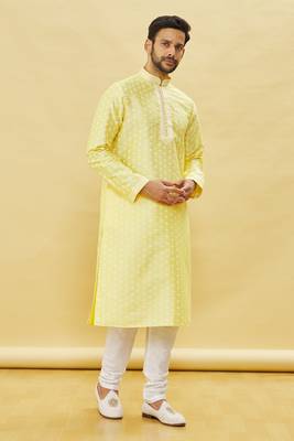 Yellow printed art silk kurta-pajama 2