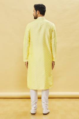 Yellow printed art silk kurta-pajama 4