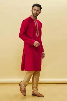 Red embroidered art silk kurta-pajama