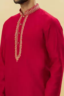 Red embroidered art silk kurta-pajama