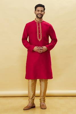 Red embroidered art silk kurta-pajama 5