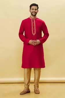 Red embroidered art silk kurta-pajama