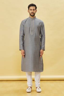 Grey embroidered art silk kurta-pajama 1