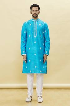 Blue embroidered art silk kurta-pajama