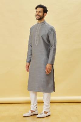 Grey embroidered art silk kurta-pajama 2
