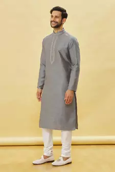 Grey embroidered art silk kurta-pajama
