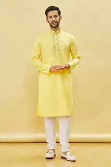 Yellow embroidered art silk kurta-pajama