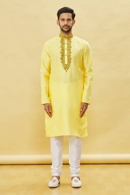 Yellow embroidered art silk kurta-pajama 1