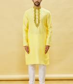 Yellow embroidered art silk kurta-pajama