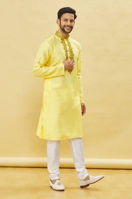 Yellow embroidered art silk kurta-pajama 2