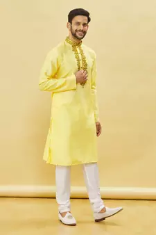 Yellow embroidered art silk kurta-pajama