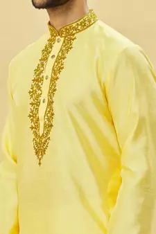 Yellow embroidered art silk kurta-pajama