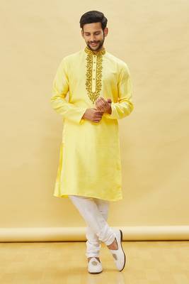 Yellow embroidered art silk kurta-pajama 5