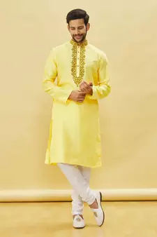 Yellow embroidered art silk kurta-pajama