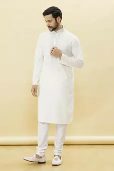 White embroidered art silk kurta-pajama