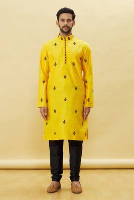 Yellow embroidered art silk kurta-pajama 1