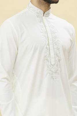 White embroidered art silk kurta-pajama 3