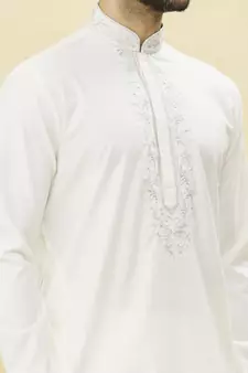 White embroidered art silk kurta-pajama