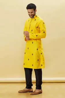 Yellow embroidered art silk kurta-pajama