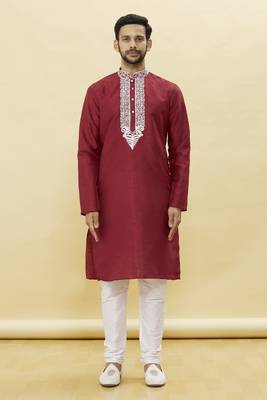 Maroon embroidered art silk kurta-pajama 1