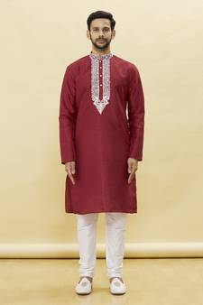 Maroon embroidered art silk kurta-pajama
