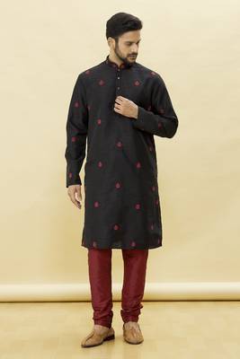 Black embroidered art silk kurta-pajama 2