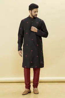 Black embroidered art silk kurta-pajama