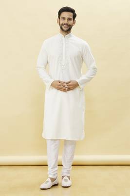 White embroidered art silk kurta-pajama 5