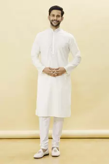 White embroidered art silk kurta-pajama