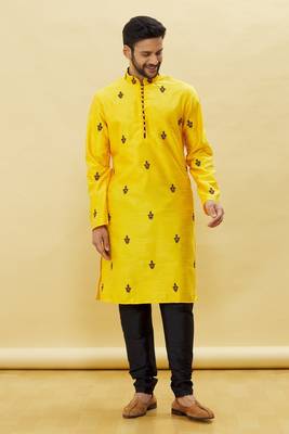 Yellow embroidered art silk kurta-pajama 5
