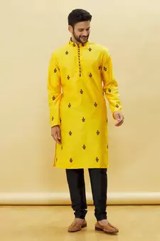 Yellow embroidered art silk kurta-pajama