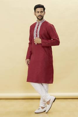 Maroon embroidered art silk kurta-pajama 2