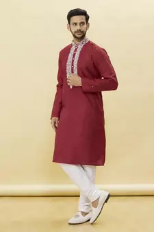 Maroon embroidered art silk kurta-pajama