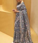 Grey Lucknowi Chikankari Weaving Work Saree With Blouse